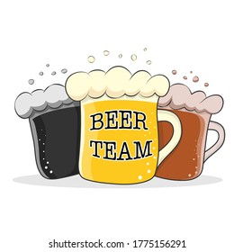 Three beer mugs with the words BEER TEAM for stickers, banners, logos, stickers and theme design. Color simple vector illustration
