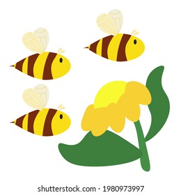 Three bees flying to a flower, honey bees on a flower meadow in cartoon style vector illustration