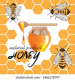 three bees, a jar of honey, honeycombs form a frame,the inscription honey is a natural product. vector illustration. EPS 10.