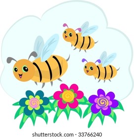 Three Bees and Three Spiral Flowers Vector