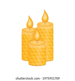 Three beeswax candles on a white background. Environmentally friendly product. Vector illustration.