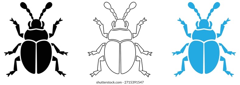 Tres siluetas de escarabajo en diferentes colores y estilos, símbolo de escarabajo del rinoceronte japonés, silueta aislada negra, diseño de silueta de logotipo de escarabajo de estiércol.