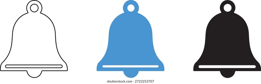 Three bell icons in different colors isolated on a transparent background