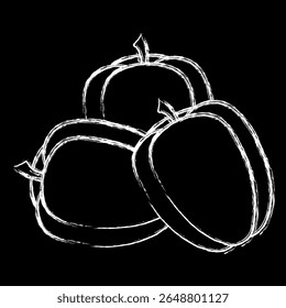 Três pimentões com contorno de giz branco sobre fundo preto. Produtos hortícolas. Ilustração vetorial para livro de cozinha, receita, impressão.