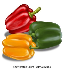 Tres pimientos con colores amarillos, verdes y rojos.