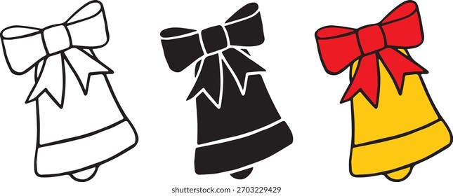 Three bells with bows on them are shown in black silhouette, outline, red and yellow color vector illustration.