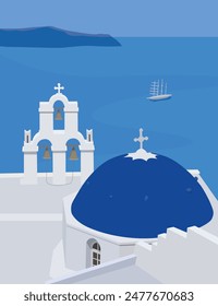 Three bells of Fira Santorini Greece vector illustration.