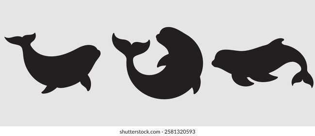 Three beluga whale silhouettes in dynamic swimming poses, emphasizing their smooth, rounded bodies and distinctive tails. Ideal for marine, Arctic, and wildlife-themed designs