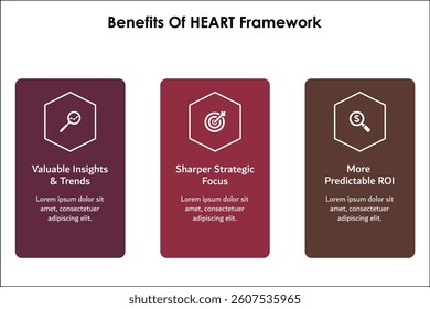 Three benefits of HEART Framework. Infographic template with icons and description placeholder