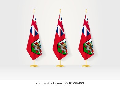 Three Bermuda flags in a row on a golden stand, illustration of press conference and other meetings. Vector illustration.