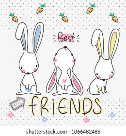 Three best friends, Cute rabbits cartoon on polka dot background illustration vector.