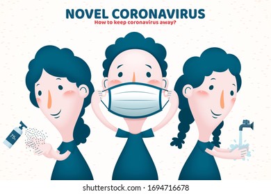 Tres mejores maneras de mantener alejado el coronavirus, que están usando spray para desinfectar, usando una máscara y lavándose las manos, ilustración de prevención COVID-19