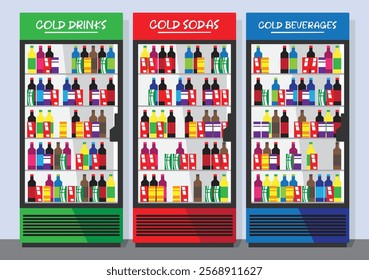 three beverage cooler fridges with drink bottles and soda cans from many brands red green and blue colors