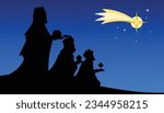 Three biblical kings black silhouette shape looking at Star of Bethlehem. Three wise men holding presents under the starry sky.