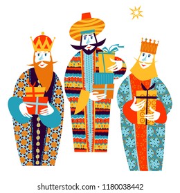 Three biblical Kings: Caspar, Melchior and Balthazar. Three wise men with gift boxes. Vector illustration.