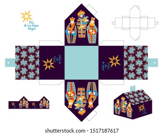 Three biblical Kings: Caspar, Melchior and Balthazar. Three wise men with gift boxes. Feliz dia de reyes! (Happy Three Kings Day!) Cut out box template. Vector illustration