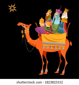 Three biblical Kings (Caspar, Melchior and Balthazar) follow the star. Three wise men on a camel. Vector illustration.