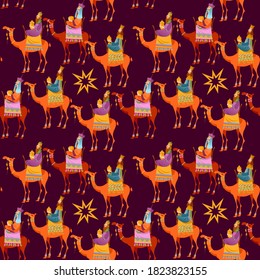 Three biblical Kings (Caspar, Melchior and Balthazar) follow the star. Three wise men on camels. Seamless background pattern. Vector illustration