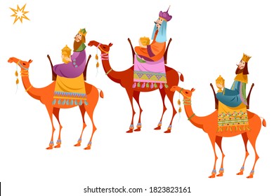 Three biblical Kings (Caspar, Melchior and Balthazar) follow the star. Three wise men on camels. Vector illustration.