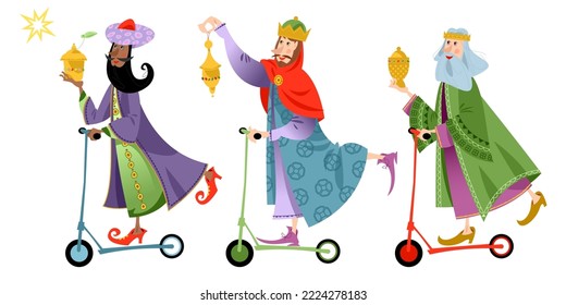 Three biblical Kings (Caspar, Melchior and Balthazar) deliver gifts on a scooter. Three wise men follow the star. Vector illustration

