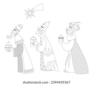 Three biblical Kings: Caspar, Melchior and Balthazar. Three wise men follow the Star of Bethlehem. Coloring page. Vector illustration

