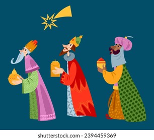 Three biblical Kings: Caspar, Melchior and Balthazar. Three wise men follow the Star of Bethlehem. Vector illustration

