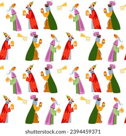 Three biblical Kings: Caspar, Melchior and Balthazar. Three wise men follow the Star of Bethlehem.  Seamless background pattern. Vector illustration

