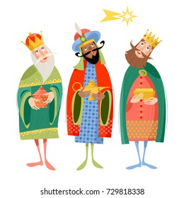 Three biblical Kings: Caspar, Melchior and Balthazar. Three wise men. Vector illustration.