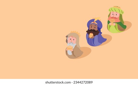 Three biblical kings magi cartoon vector. Epiphany or nativity celebration banner vector. Three wise men Melchior, Caspar and Balthazar holding gifts.