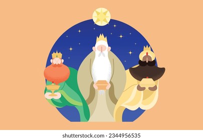 Three biblical kings wise men cartoon vector illustration. Epiphany or nativity celebration vector banner. Melchior, Caspar ans Balthasar under Star of Bethlehem.