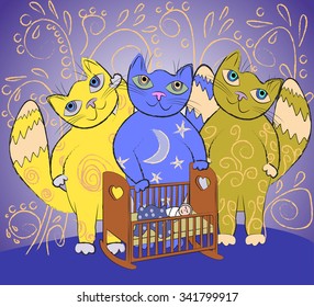 Three big fairy cats lull a small child.