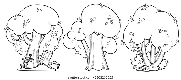 Three big old deciduous tree linear drawing for coloring isolated on white background