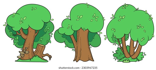 Three big old deciduous tree linear drawing color variation for coloring page isolated on white background