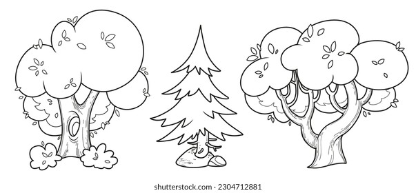 Three big old tree two deciduous and one spruce linear drawing for coloring isolated on white background