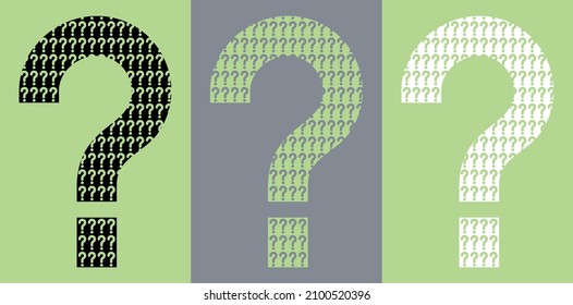 Three big question marks. Vector illustration of gray, black, green and white colors.