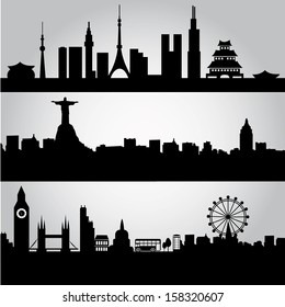 three big silhouettes of the buildings from tokyo, rio de janeiro and london 