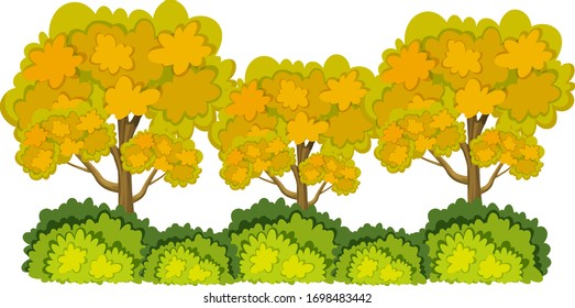 Three big threes with yellow leaves on white background illustration