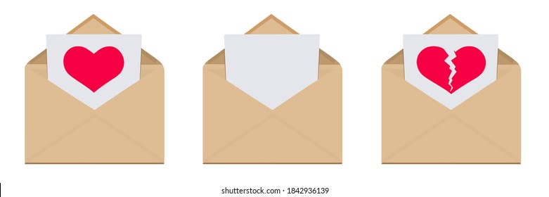 Three big vintage beige envelopes with red whole and cracked hearts and white blank piece of paper for copy space.The concept of love correspondence, relationship rejection.Vector illustration, mockup