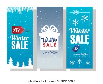 three big winter sale letterings with gift and snowflakes vector illustration design
