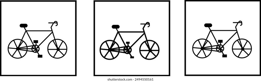 three  bike silhouette icons. Sporty road bicycle and casual city cruiser, male and female types. Simple vector illustration.