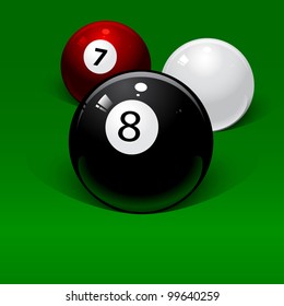three billiard balls on a green background