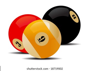 Three billiard balls red, white and black