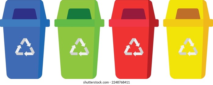 Three bins that can be used for sorting with recycle logo. Garbage collection issue Flat style. Isolated on white background.