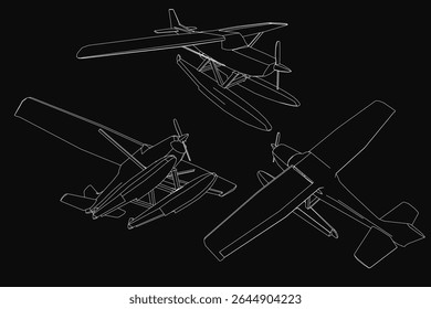 Three biplanes with unique designs arranged in a triangular formation on a black background. The largest plane is centered, flanked by two smaller ones, featuring detailed wings, propellers