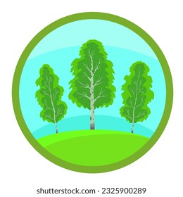 Tres aves con follaje verde en verano contra un fondo de cielo azul y hierba verde en un círculo sobre un fondo cuadrado blanco aislado. Paisajes. Insignias y logos. Ilustración vectorial.