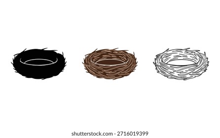Tres nidos de pájaros en diferentes estilos sobre un fondo blanco