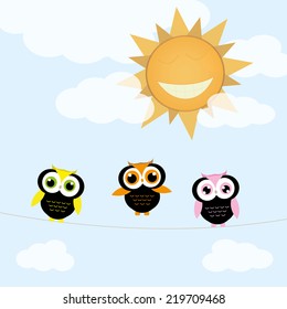Three bird on Wire and sun