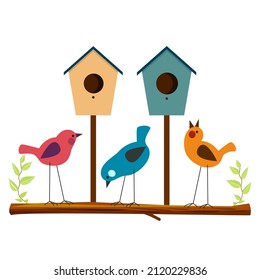 Tres pájaros de diferentes colores y dos casas de pájaros en el fondo. Gráficos vectoriales