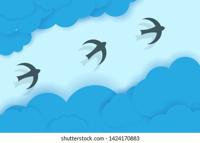 Three birds flying between blue clouds. Paper cut style vector illustration.
