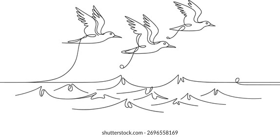 Three birds flying over stylized waves ocean